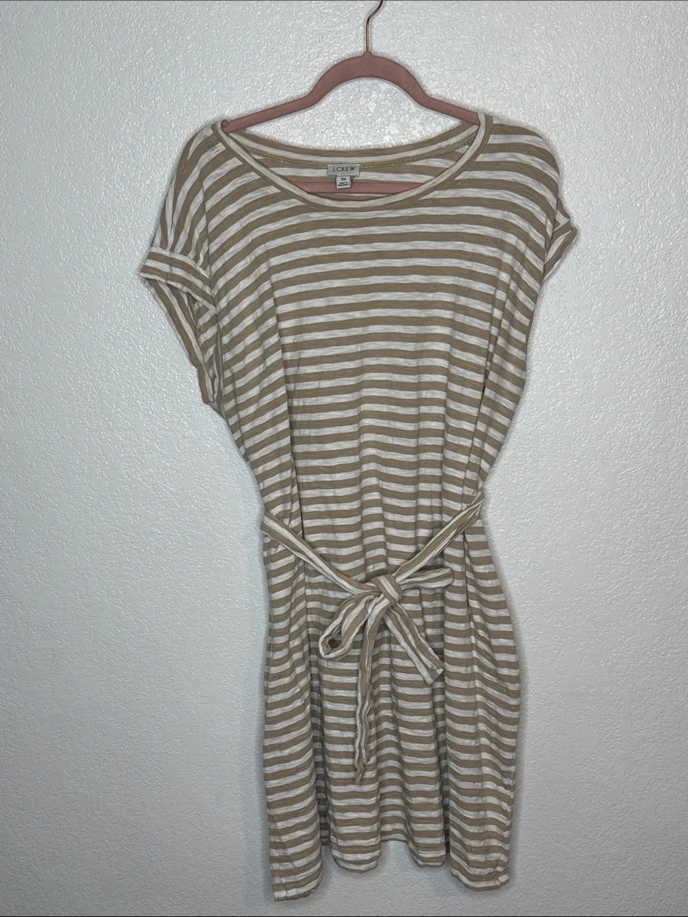 J.Crew Tan & White Striped T-Shirt Dress with Waist Tie Size 3X